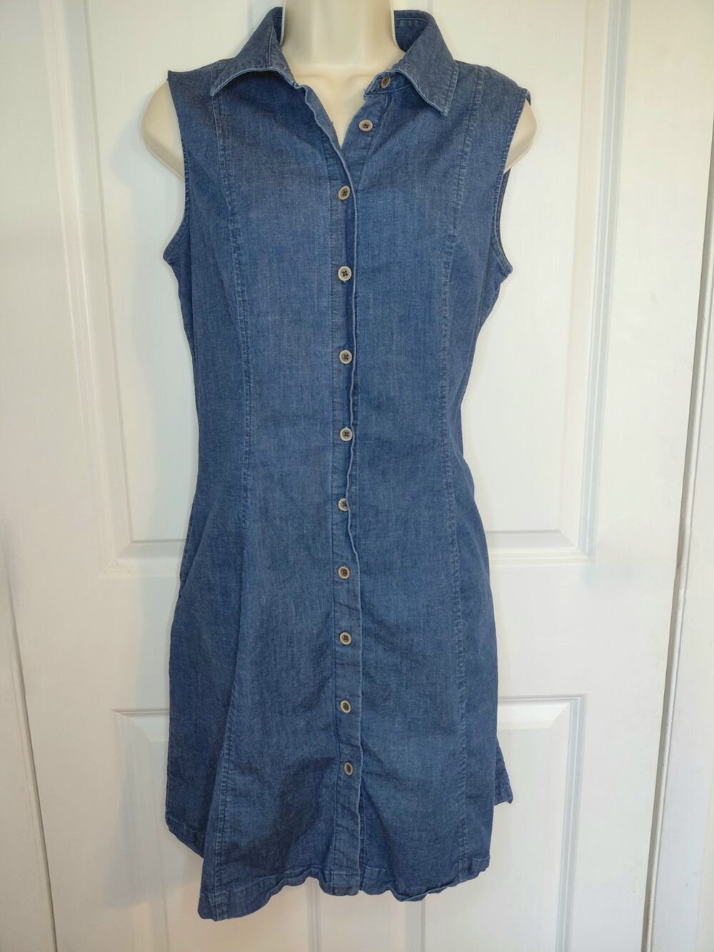 Anne Klein Denim Sleeveless Midi Shirt Dress Women's Size 10 Blue Button Classic